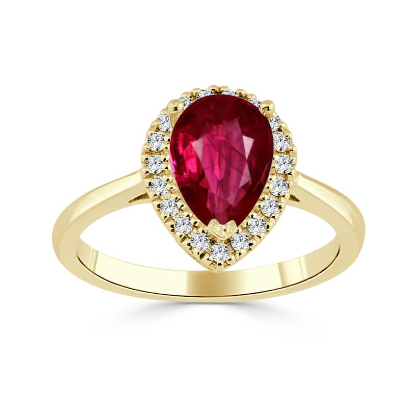 Auriya 1 1/2ct Pear Shape Red Ruby 1/6ctw Halo Diamond Engagement Ring 14k Gold