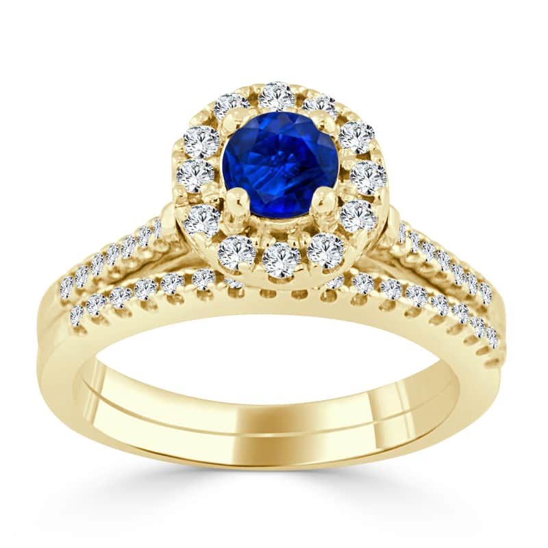 14k Gold 2/5ct Blue Sapphire and 1/3ct TDW Diamond Halo Engagement Ring by Auriya Set