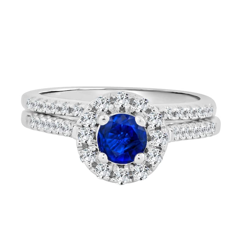 14k Gold 2/5ct Blue Sapphire and 1/3ct TDW Diamond Halo Engagement Ring by Auriya Set