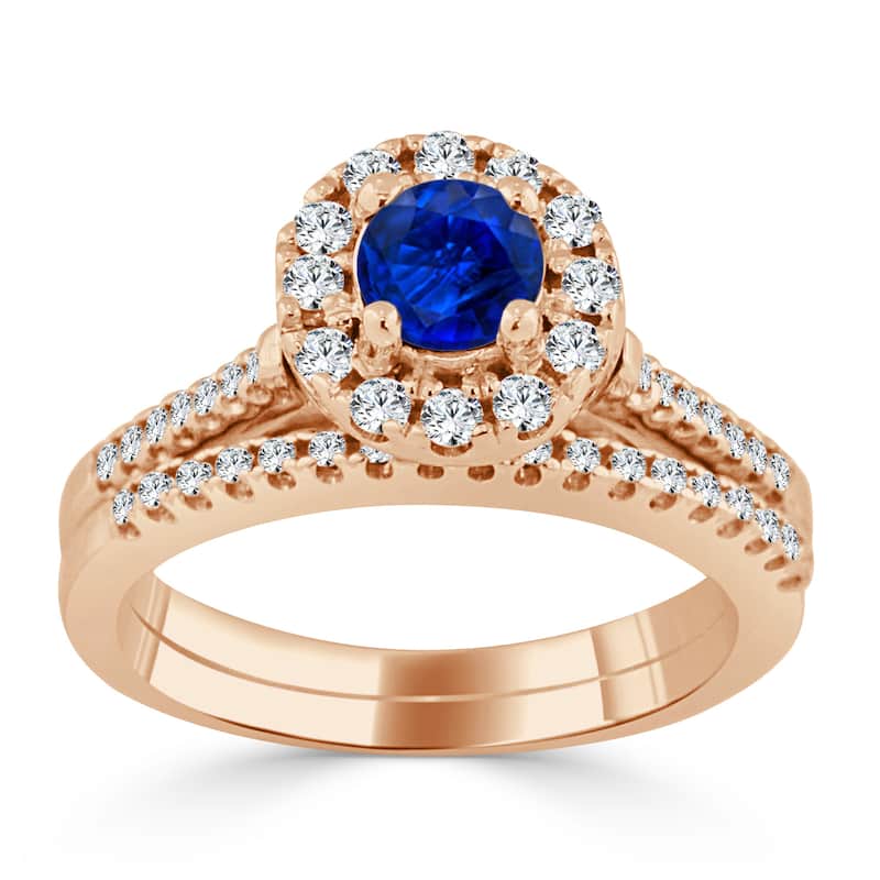 14k Gold 2/5ct Blue Sapphire and 1/3ct TDW Diamond Halo Engagement Ring by Auriya Set
