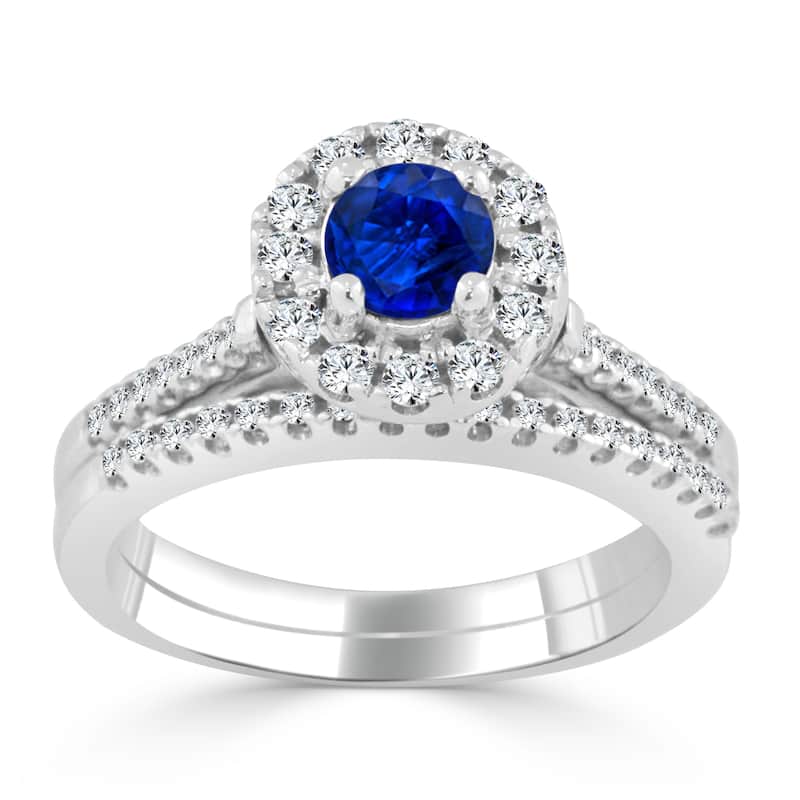 14k Gold 2/5ct Blue Sapphire and 1/3ct TDW Diamond Halo Engagement Ring by Auriya Set