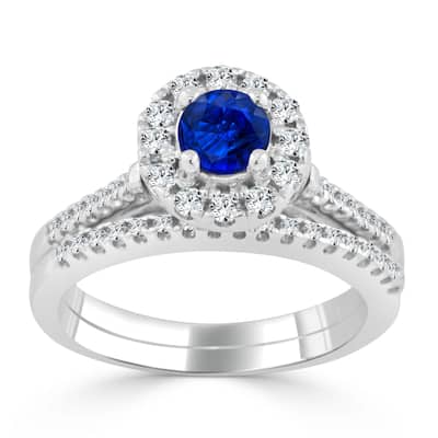 14k Gold 2/5ct Blue Sapphire and 1/3ct TDW Diamond Halo Engagement Ring by Auriya Set