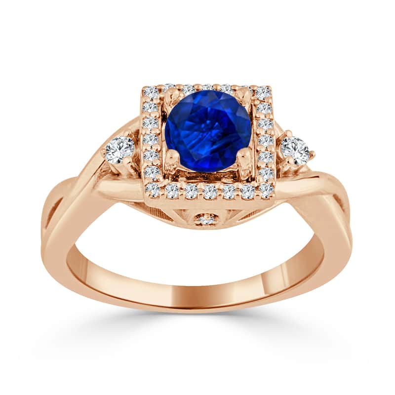14k Gold Twisted 1/2ct Blue Sapphire and 1/3ct TDW Diamond Halo Engagement Ring by Auriya