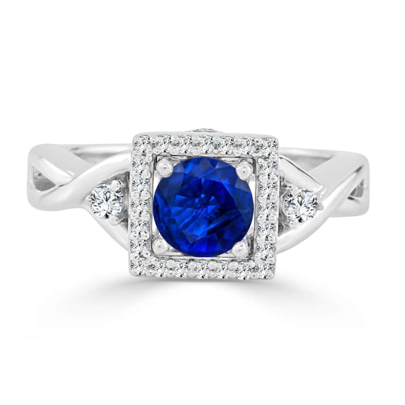 14k Gold Twisted 1/2ct Blue Sapphire and 1/3ct TDW Diamond Halo Engagement Ring by Auriya