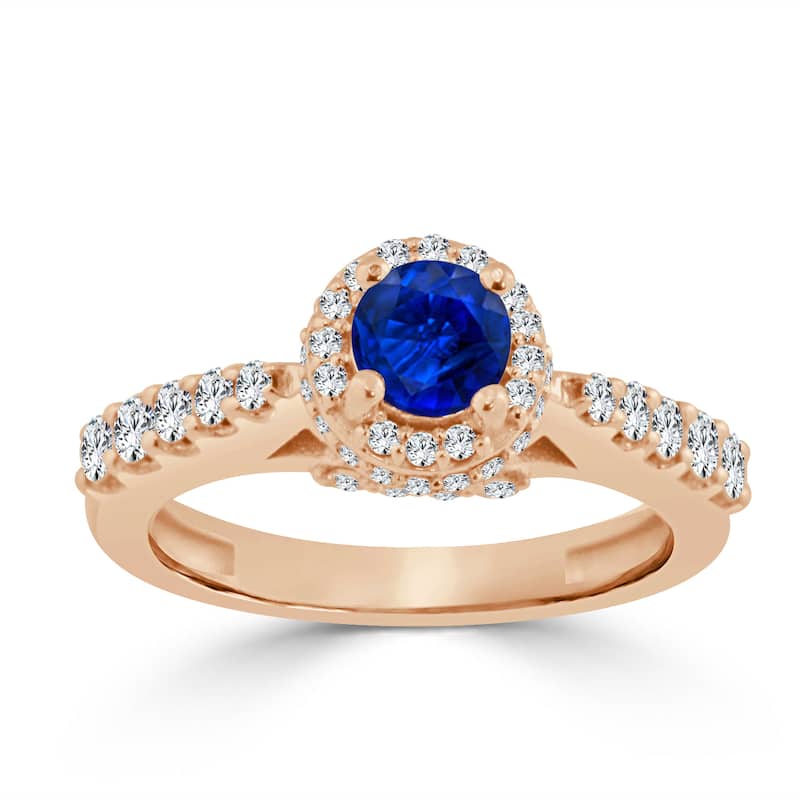14k Gold 2/5ct Blue Sapphire and 3/5ct Diamond Halo Engagement Ring by Auriya