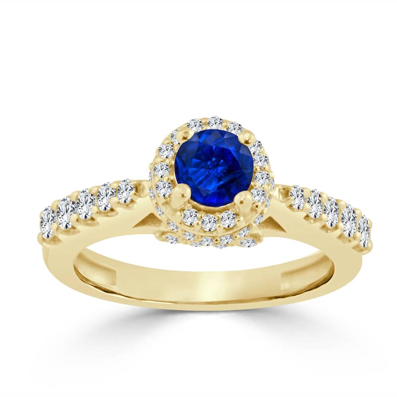 14k Gold 2/5ct Blue Sapphire and 3/5ct Diamond Halo Engagement Ring by Auriya