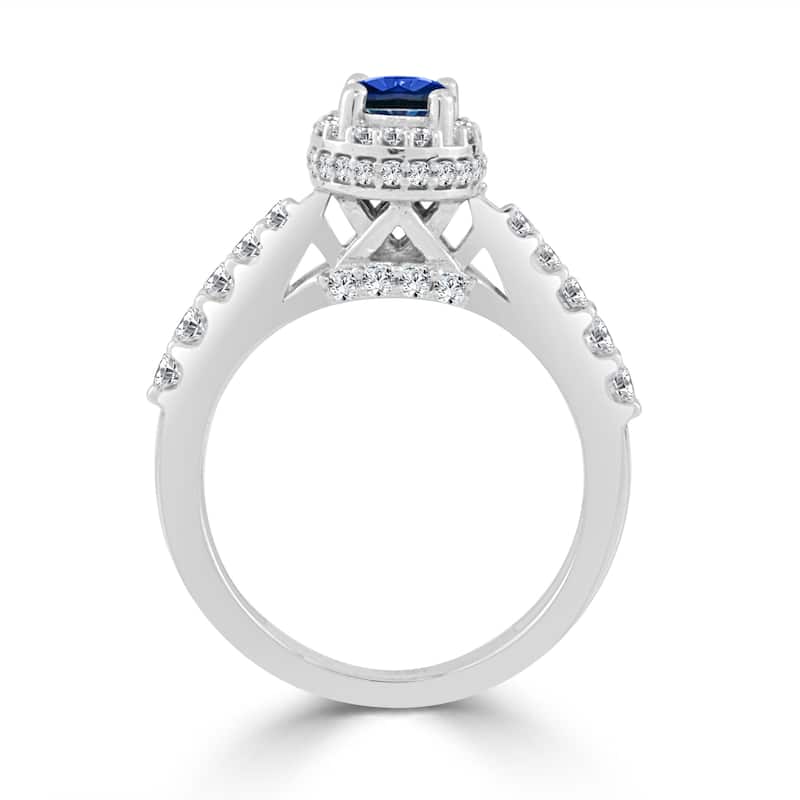 14k Gold 2/5ct Blue Sapphire and 3/5ct Diamond Halo Engagement Ring by Auriya