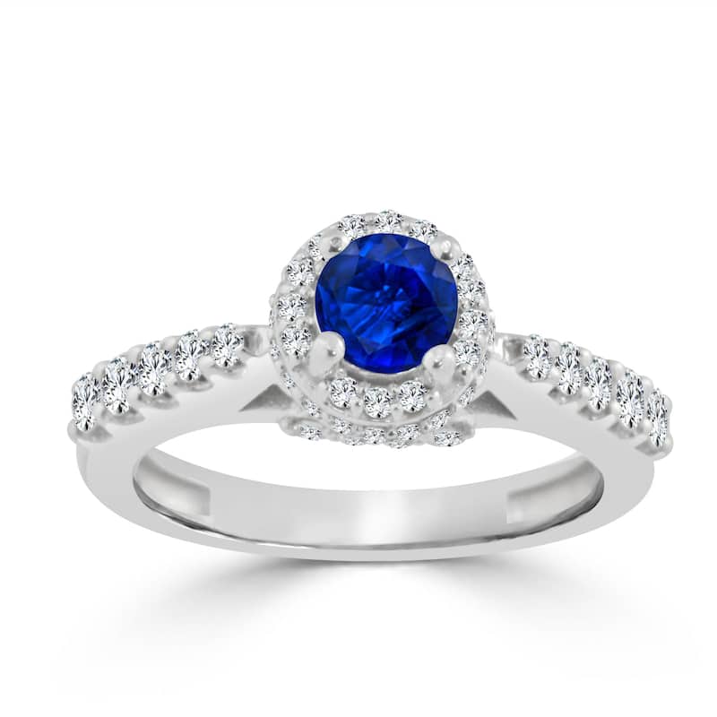 14k Gold 2/5ct Blue Sapphire and 3/5ct Diamond Halo Engagement Ring by Auriya