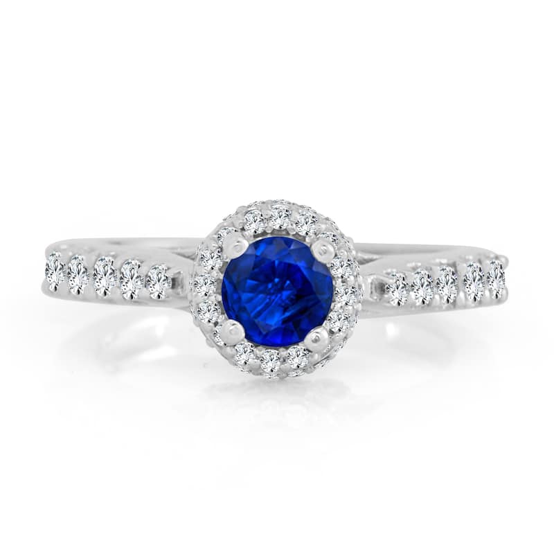 14k Gold 2/5ct Blue Sapphire and 3/5ct Diamond Halo Engagement Ring by Auriya