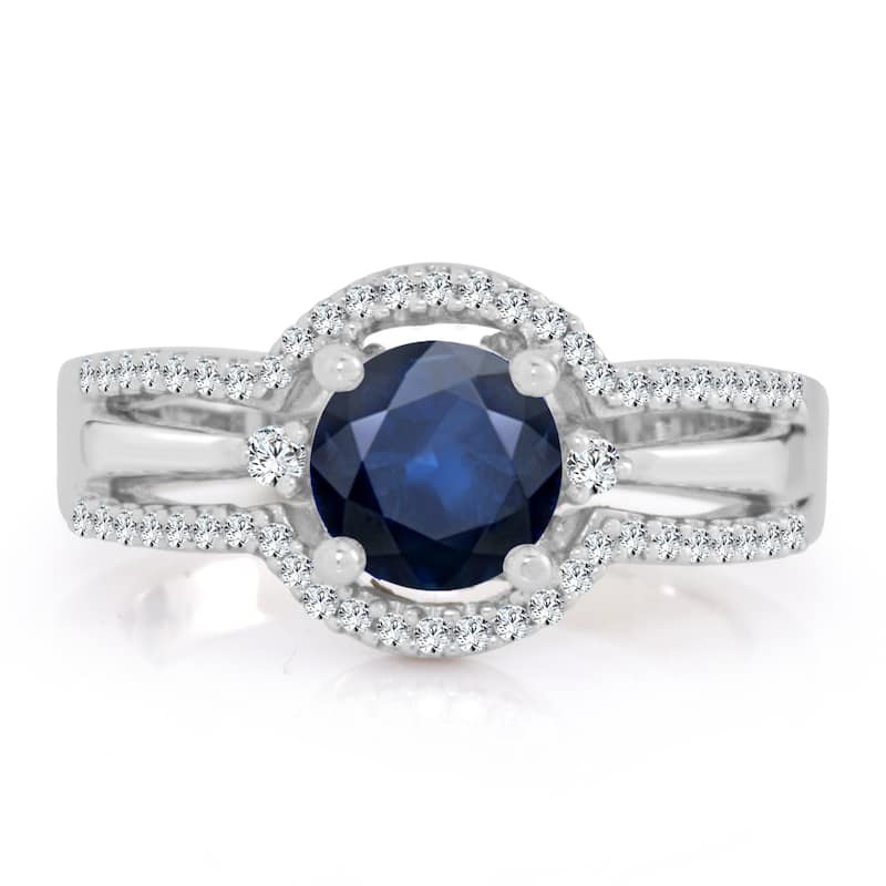 14k Gold 1ct Blue Sapphire and 1/5ct TDW Diamond Halo Engagement Ring by Auriya