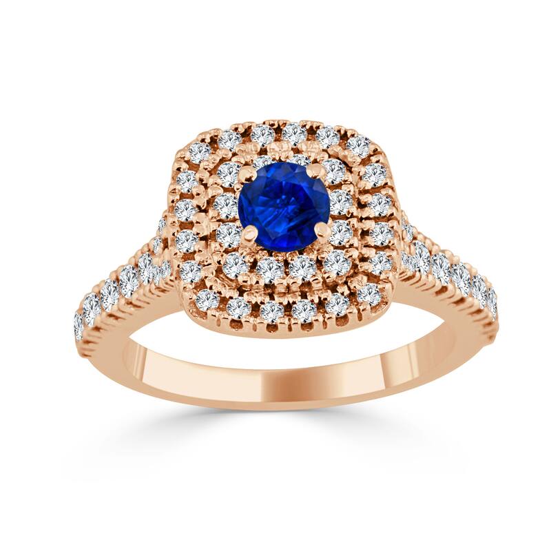 14k Gold 2/5ct Blue Sapphire and 3/5ct TDW Double Diamond Halo Engagement Ring by Auriya