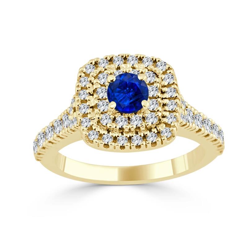 14k Gold 2/5ct Blue Sapphire and 3/5ct TDW Double Diamond Halo Engagement Ring by Auriya