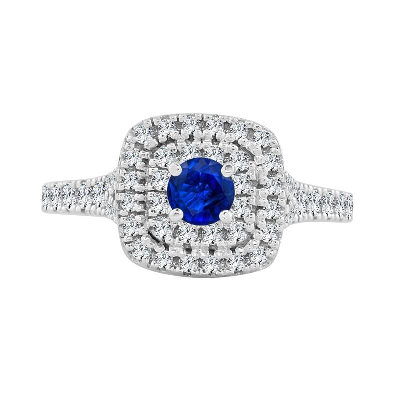 14k Gold 2/5ct Blue Sapphire and 3/5ct TDW Double Diamond Halo Engagement Ring by Auriya
