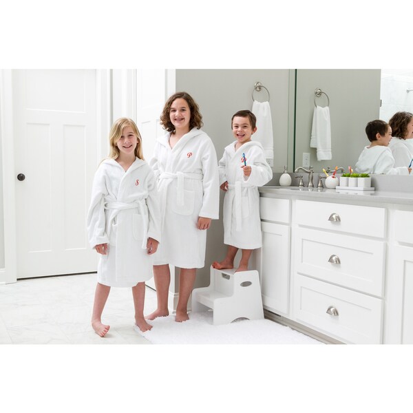 Sweet Kids Turkish Cotton Terry White with Red Script Monogram Hooded Bathrobe