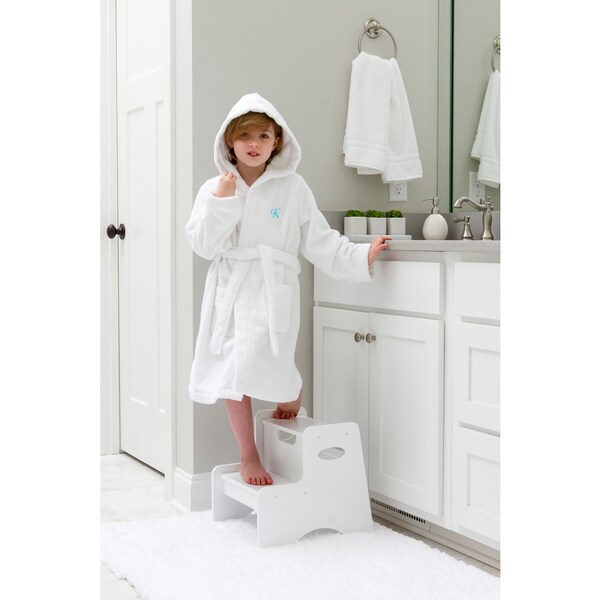 Sweet Kids Turkish Cotton Terry White with Aqua Blue Script Monogram Hooded Bathrobe