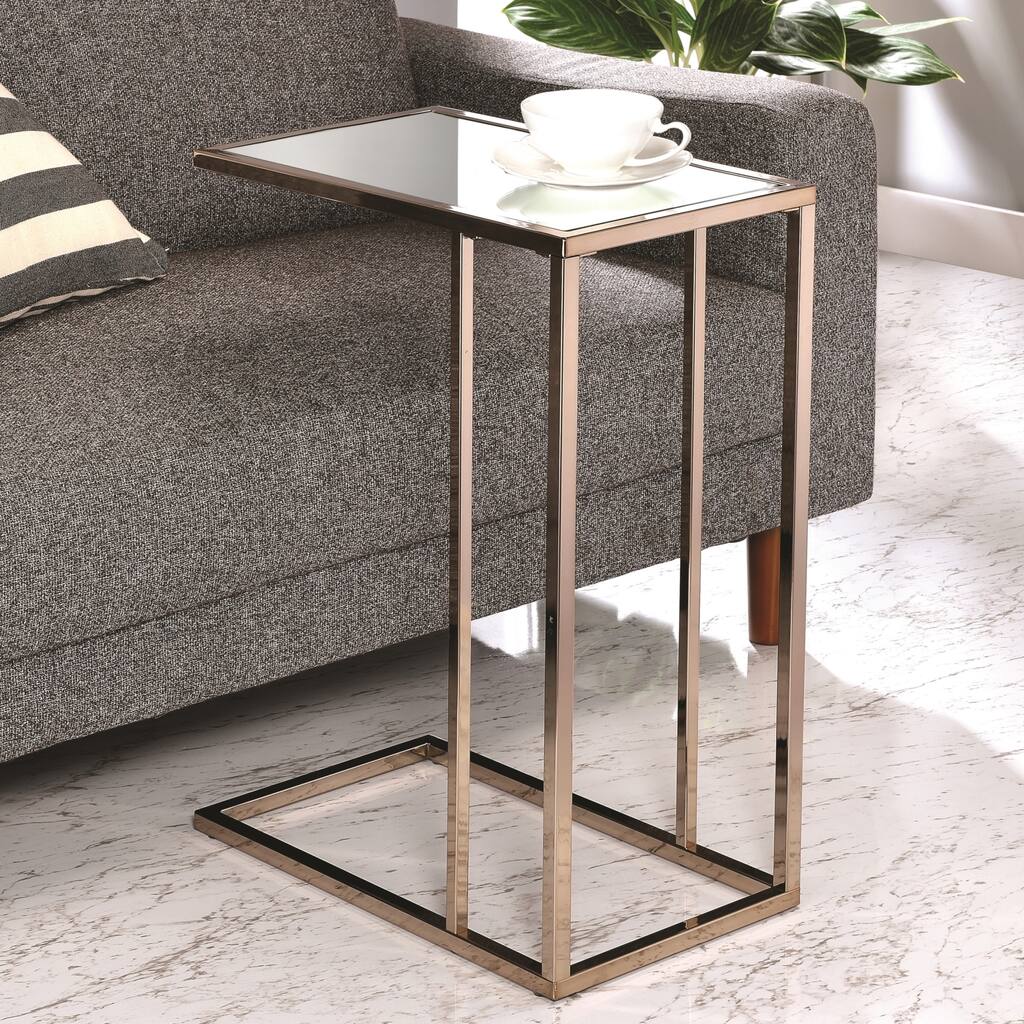 Modern Design Chocolate Chrome Living Room Accent Table with Tempered Mirrored Glass Top