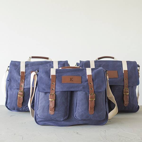 Personalized Navy Waxed Canvas And Leather Messenger Bag Personalized Navy Waxed Canvas And