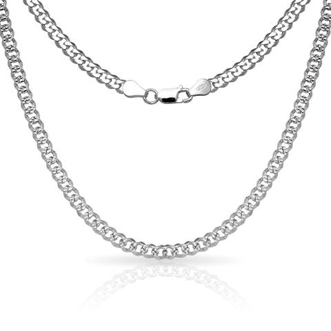 Sterling Silver Men's Italian 6mm Pave Curb Chain Necklace (18'-30") - White