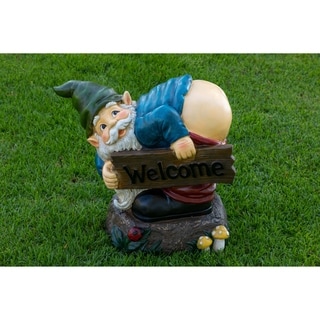 Alpine Mooning Gnome with 'Welcome' Wood Sign Statue, 22 Inch Tall ...