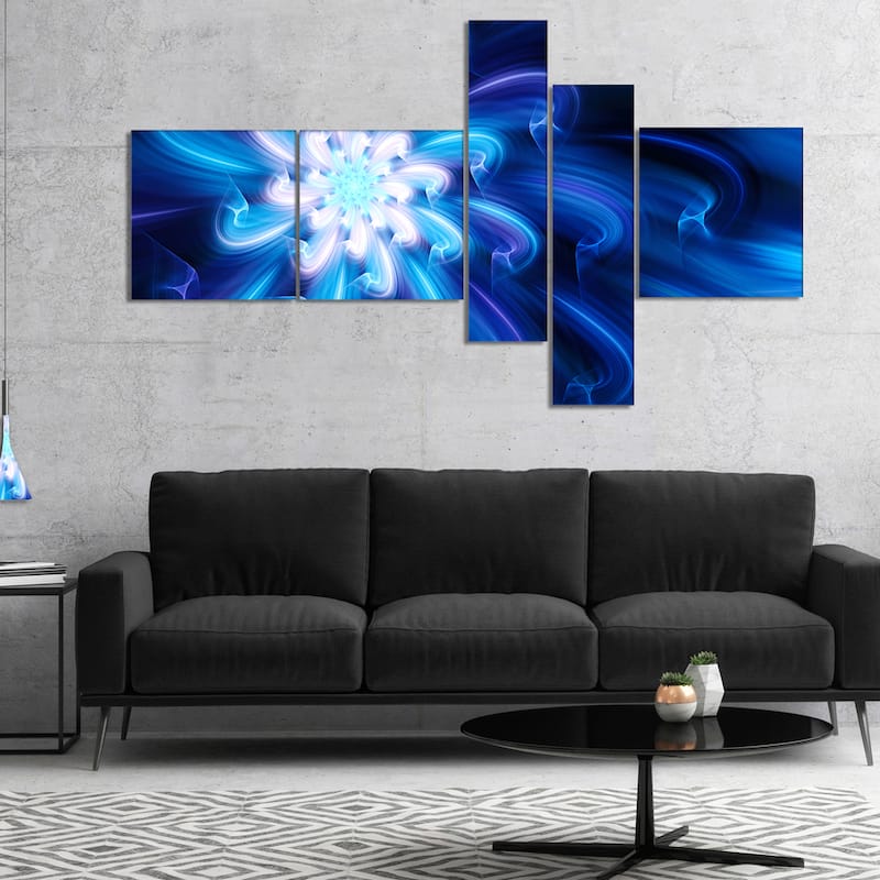 Designart "Exotic Blue Flower Dance of Petals" Floral Canvas Art Print - 60 in. wide x 32 in. high - 5 Panels