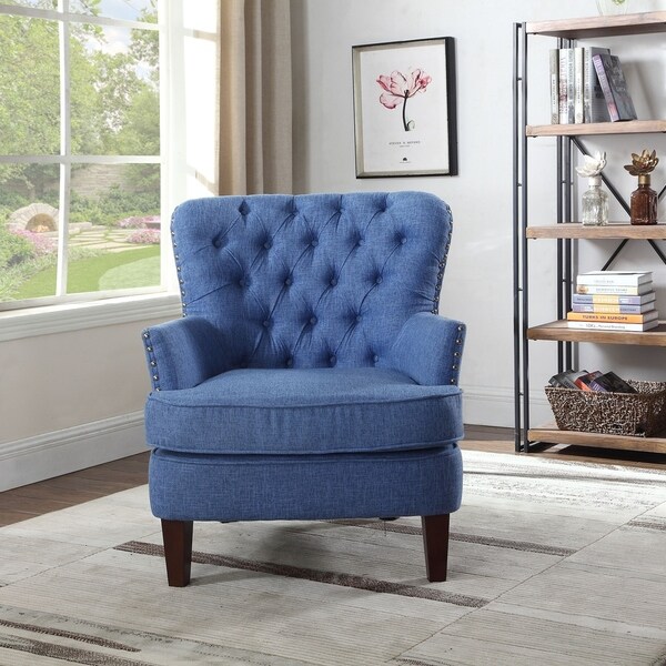 Bentley Button Tufted Accent Chair with Nailhead Trim, Blue Color