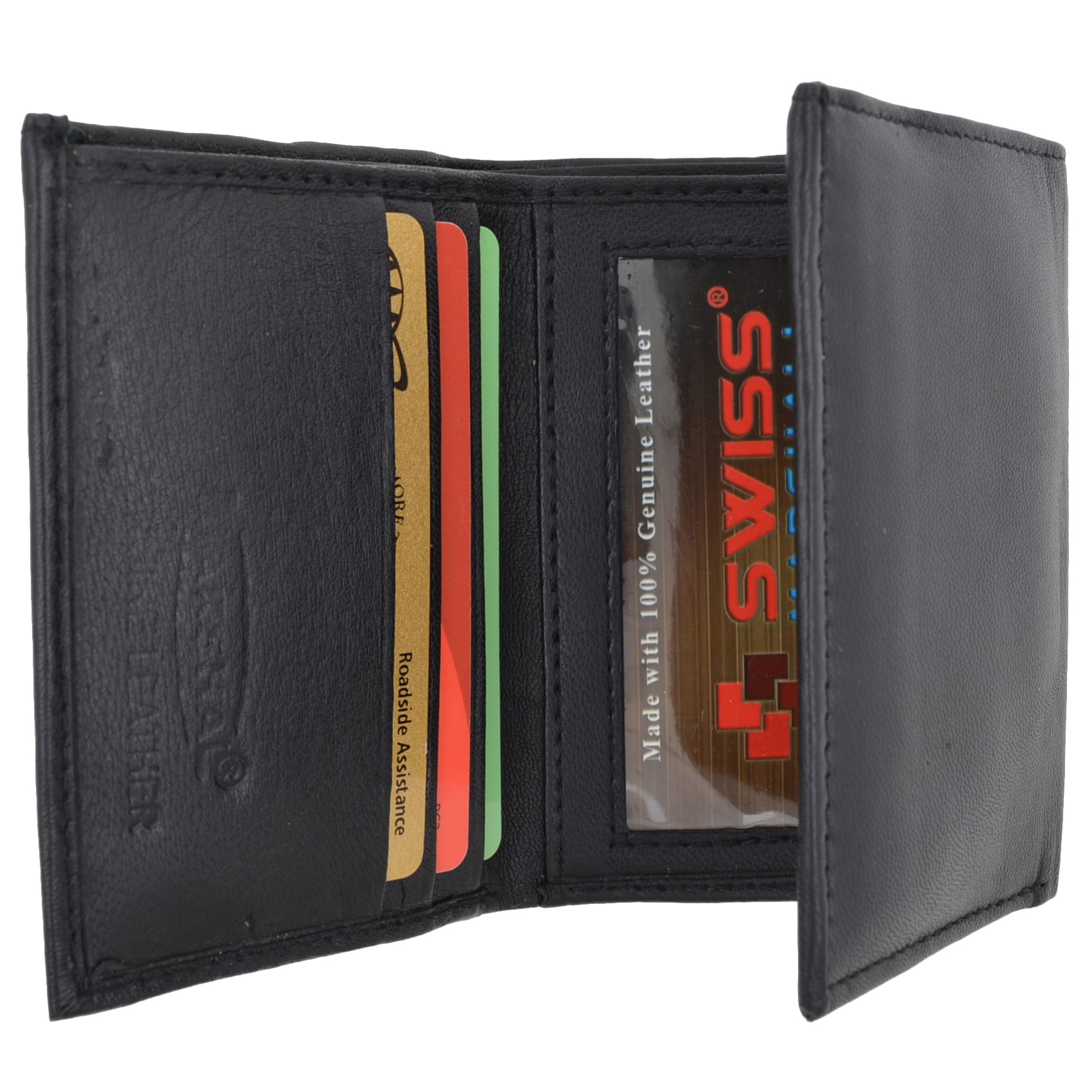 GENUINE LEATHER BLACK MENS PLAIN TRIFOLD WALLET 7 Credit Card Flip Top ID Window