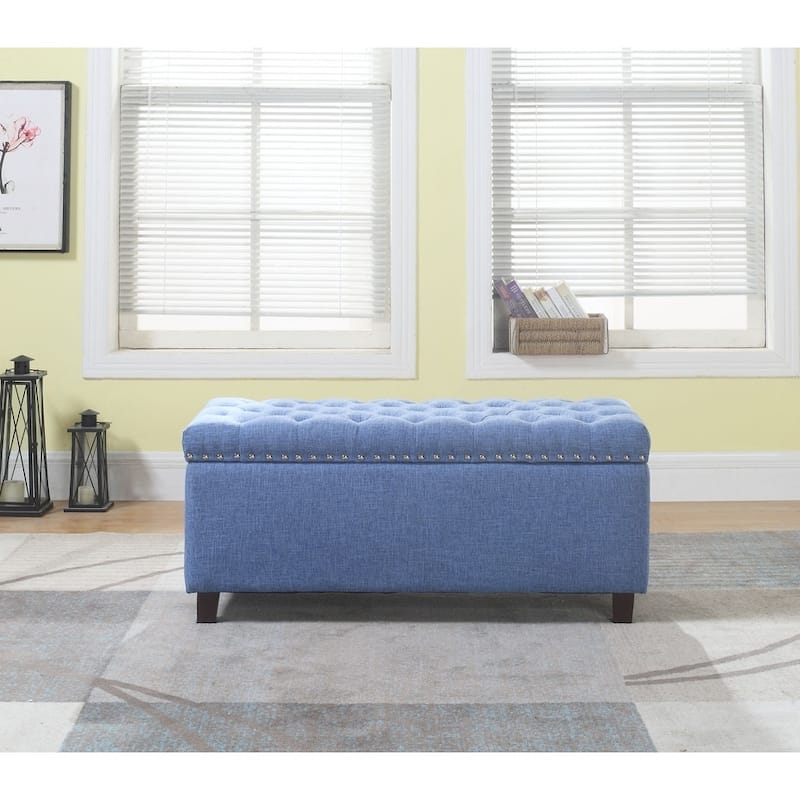 Button Tufted Storage Ottoman Bench with Nailhead, Blue Color