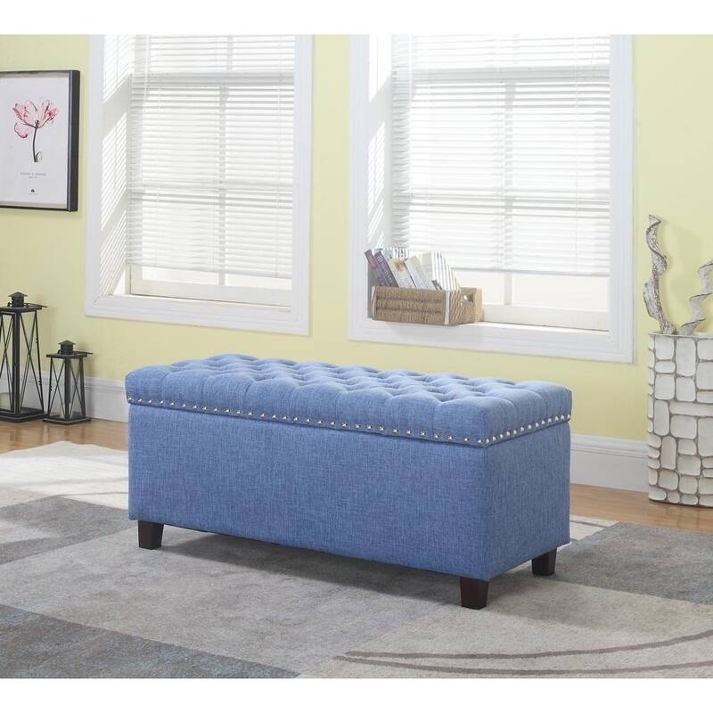 Button Tufted Storage Ottoman Bench with Nailhead, Blue Color
