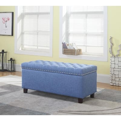 Button Tufted Storage Ottoman Bench with Nailhead, Blue Color