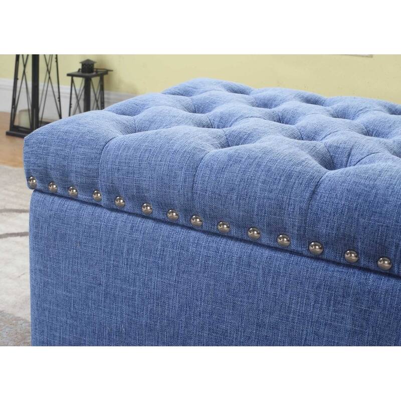 Button Tufted Storage Ottoman Bench with Nailhead, Blue Color