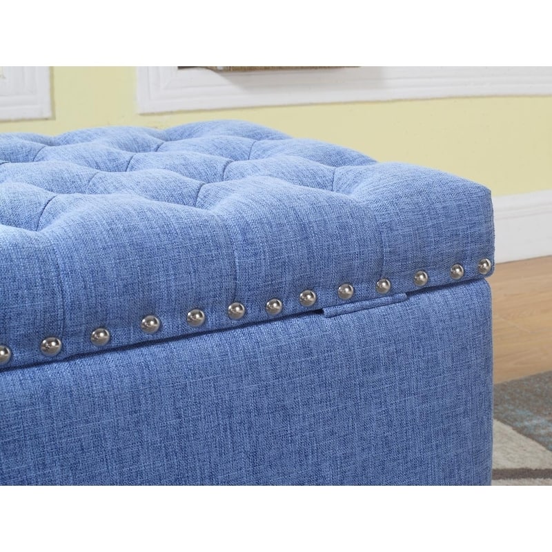 Button Tufted Storage Ottoman Bench with Nailhead, Blue Color