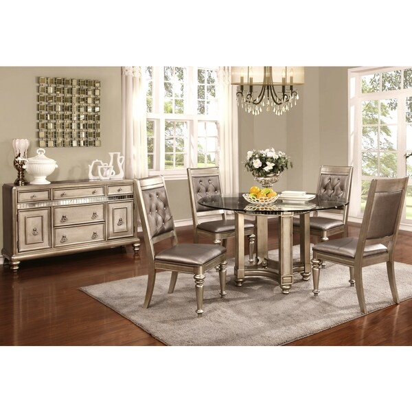 Glamorous Design Metallic Platinum Dining Set With Glass Top And Buffet Server Glamorous Design Metallic Platinum Dining Set With Glass Top And Buffet Server