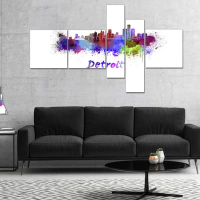 Designart "Detroit Skyline" Cityscape Canvas Artwork Print - Purple