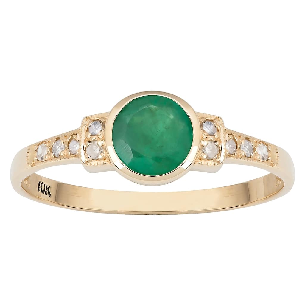 Viducci 10k Yellow Gold Vintage Style Genuine Emerald and Diamond Ring