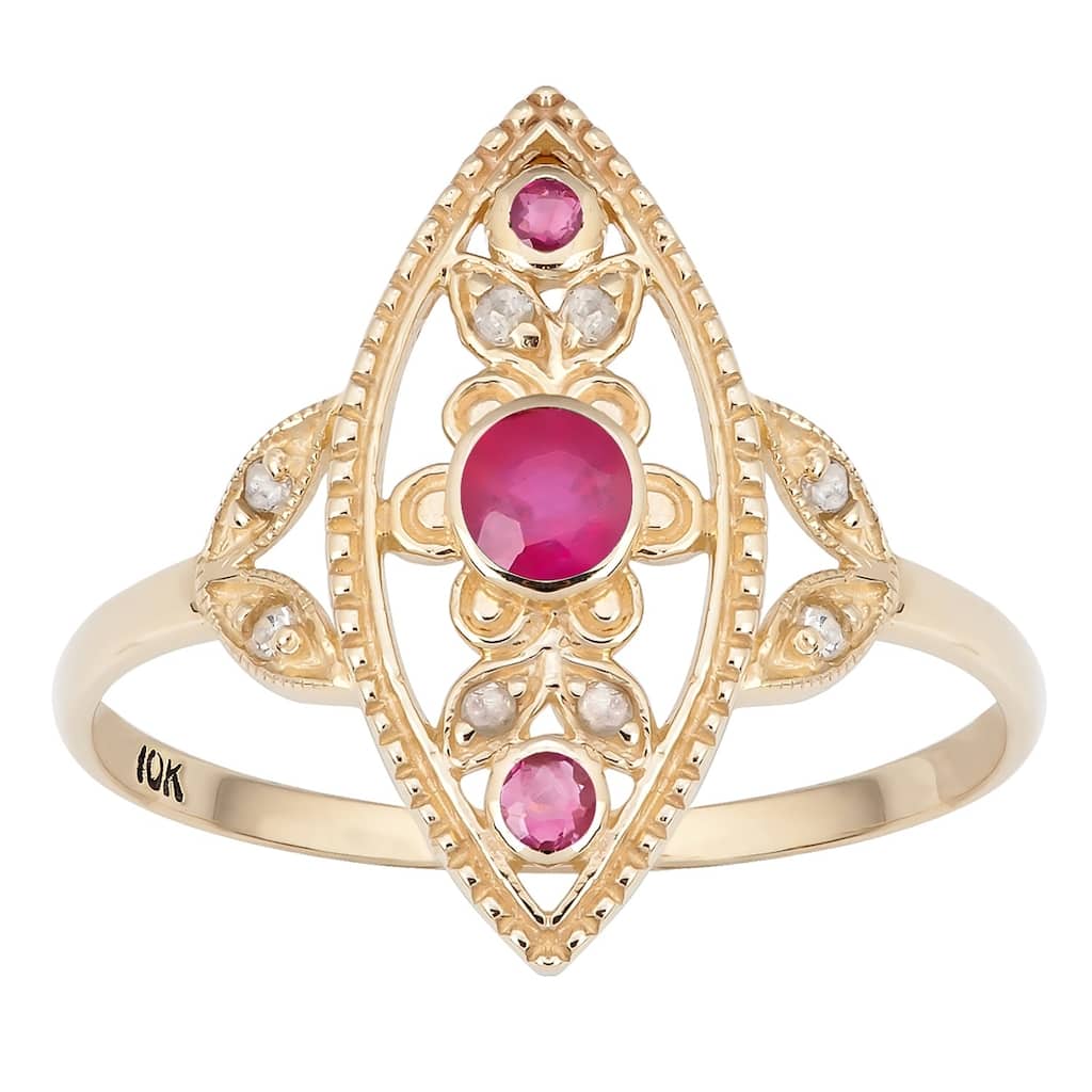 Viducci 10k Yellow Gold Vintage Style Genuine Ruby and Diamond Ring