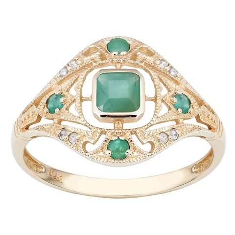 Viducci 10k Yellow Gold Vintage Style Genuine Emerald and Diamond Ring
