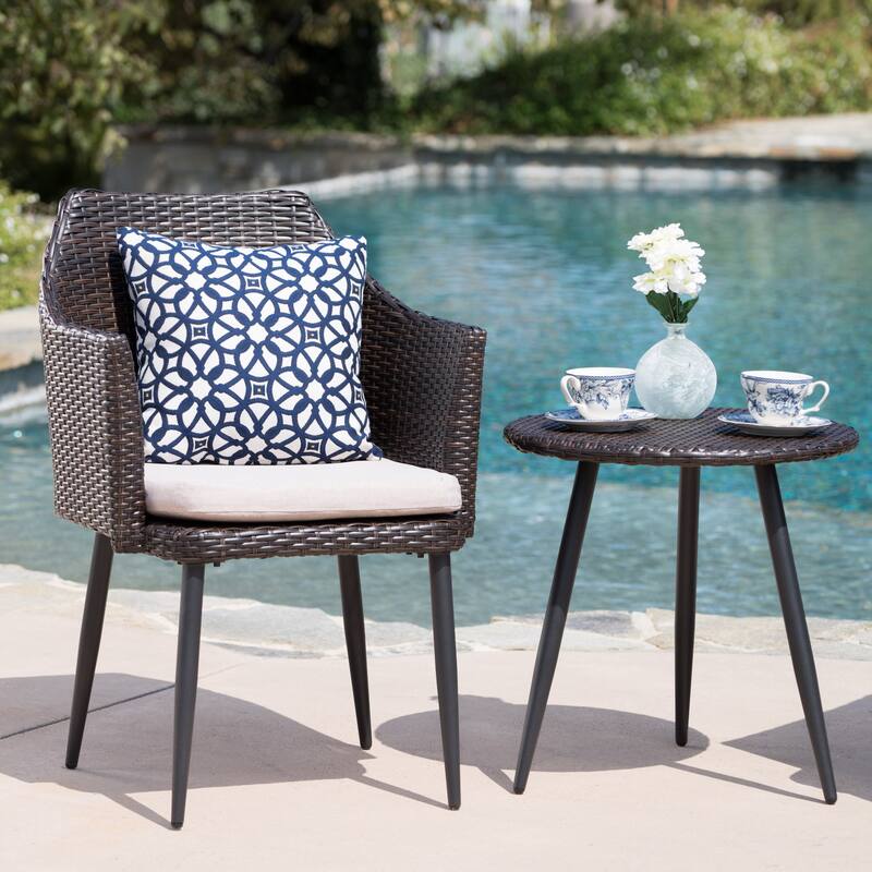 Iona Outdoor 3-Piece Round Wicker Chat Set with Cushions by Christopher Knight Home