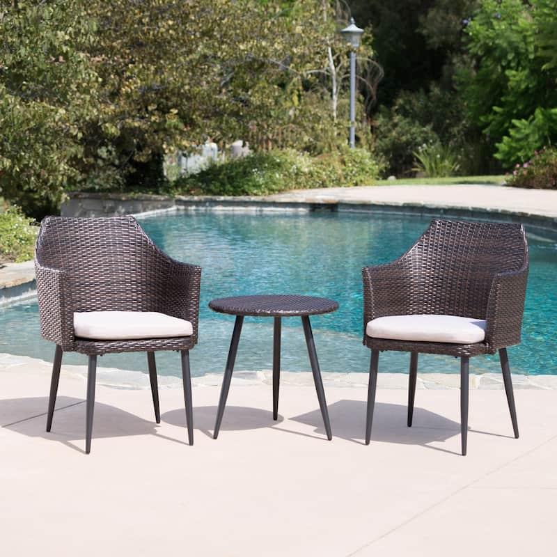 Iona Outdoor 3-Piece Round Wicker Chat Set with Cushions by Christopher Knight Home