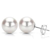 DaVonna 14k White Gold Round AAA White Akoya Pearl Stud Earrings
