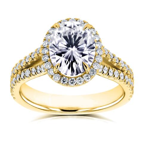 Annello by Kobelli 14k Yellow Gold Oval Forever One Colorless (DEF) Moissanite and 1/2ct TDW Diamond Halo Split Shank Ring