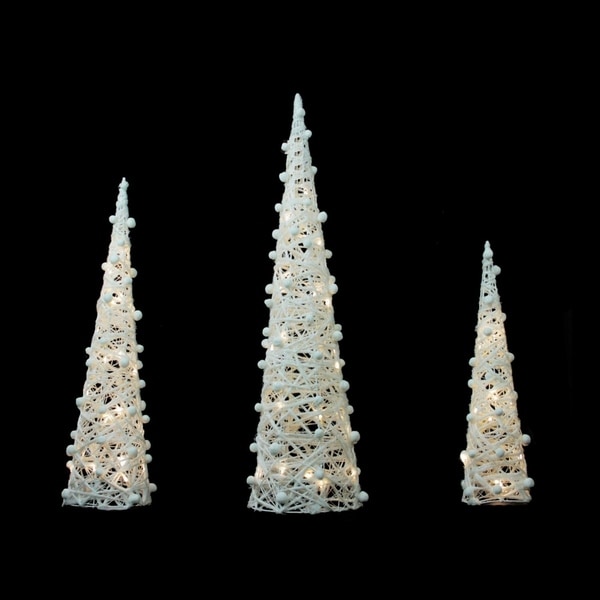 set of 3 battery operated white and silver glittered led lighted cone tree christmas decoration 3925 - Battery Operated Christmas Decorations set of 3 battery operated white and silver glittered led lighted cone tree christmas decoration 3925 - Battery Operated Christmas Decorations