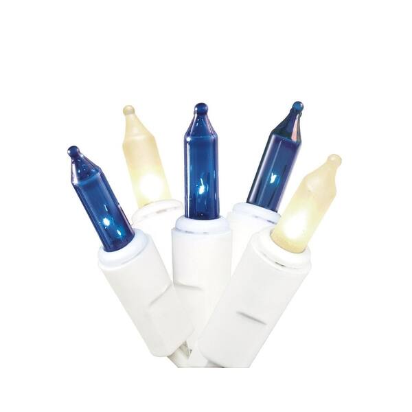 Set of 100 Blue and Frosted White Mini Christmas Lights - White Wire