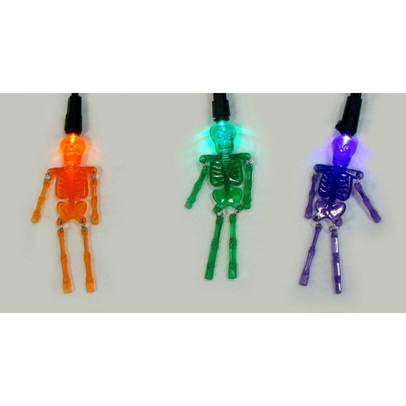 Set of 20 Purple Orange and Green LED Skeleton Halloween Lights - Black Wire
