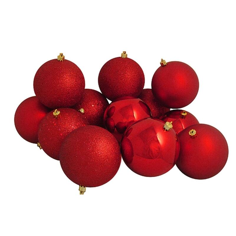 12ct Red Shatterproof 4-Finish Christmas Ball Ornaments 4" (100mm).