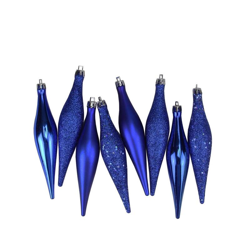 8ct Lavish Blue Shatterproof 4-Finish Finial Drop Christmas Ornaments 5.5"