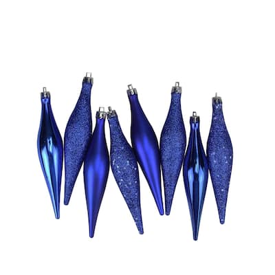 8ct Lavish Blue Shatterproof 4-Finish Finial Drop Christmas Ornaments 5.5"