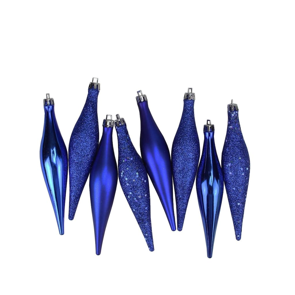 8ct Lavish Blue Shatterproof 4-Finish Finial Drop Christmas Ornaments 5.5"