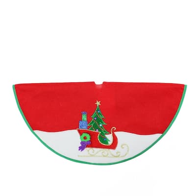 20" Red and White Mini Christmas Tree Skirt with Embroidered Sleigh and Tree Applique