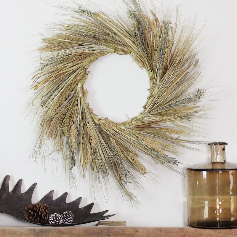 22" Autumn Harvest Wheat Grass and Grapevine Thanksgiving Fall Wreath - Unlit