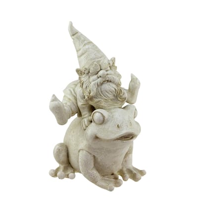 9.75" Distressed Ivory Frog and Gnome Outdoor Patio Garden Statue